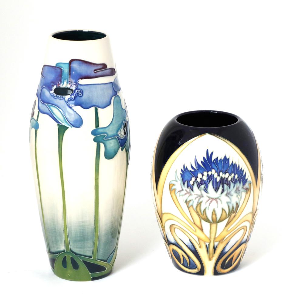 A modern Moorcroft pottery TRIAL vase in the Cornflower Calvacade pattern, with painted and