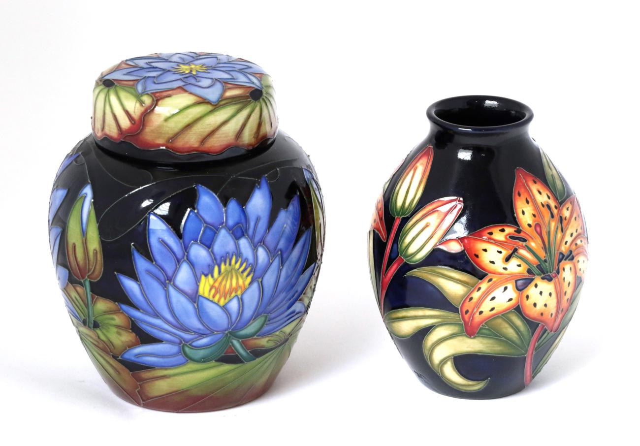 A modern Moorcroft pottery Blue Lotus pattern ginger jar and cover by Rachel Bishop, with painted