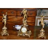 An Art nouveau gilt spelter figural clock garniture, dial with retailers signature Johnson,