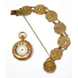 A lady's fob watch, case stamped 'K14', with an enamelled Arabic dial, and a gilt brass pocket watch