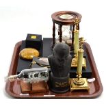 A group of miscellaneous including an inlaid oak aneroid barometer, a Wedgwood bust of Churchill,