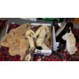 Assorted mink and other fur stoles, collars, white fox stole, two pashminas with fur trims, and