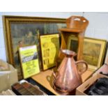 A 19th century four gallon copper harvest jug, an oak high chair, and four prints, a coaching