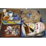 Five boxes and a tray of ceramics and glass including Royal Doulton figures (one a.f.), cut glass