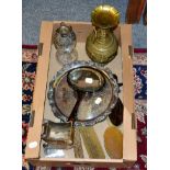 A silver topped decanter, shagreen backed dressing table items, Japanese vase etc