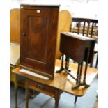 A small mahogany Sutherland table; a mahogany hanging corner cupboard and a small 20th century