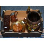 Assorted treen, a brass figure of an eagle, Arts & Crafts copper jug etc