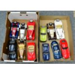 Twelve modern 1:18 scale model cars, in two boxes