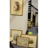 A 19th century adjustable piano stool and three ornithological prints and a map of Kent