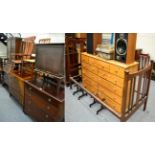 A group of furniture comprising an Edwardian checkered banded four height chest of drawers;