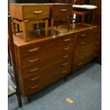 A Danish style five height chest of drawers; a pair of matching bedside tables and a similar stool