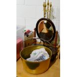 19th century toilet mirror, brass jam pan and fire tools