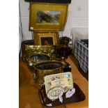 A Victorian brass oil lamp with ruby glass reservoir; three brass planters; a Victorian oil portrait