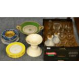 G Rushbrooke (Smithfield Ltd) ham stand, six Minton plates with yellow border, glass etc