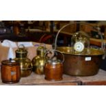 A brass jam pan, two oak tea caddies, anniversary clock etc