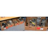 Two cleaning machines, with cleaning baskets, clock brooches files, clock movement parts, etc (in