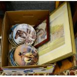 A collection of eighteen Franklin Mint collectors plates, with certificates; a pine panel painted