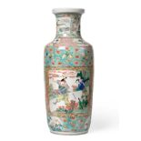 A Chinese Porcelain Rouleau Vase, painted in famille verte enamels with figures in landscape in