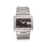 A Stainless Steel Calendar Diamond Set Wristwatch, signed Gucci, model: Gucci G Rectangular 100,