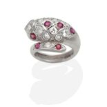 An 18 Carat White Gold Ruby and Diamond Snake Ring, inset with round brilliant cut diamonds, a