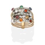 A Multi-Gemstone Stacking Ring, formed of five bands each set with various coloured stones and