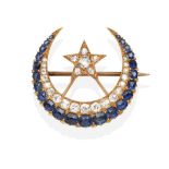 A Victorian Sapphire and Diamond Crescent and Star Brooch, the crescent with a band of graduated