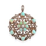 An Opal and Diamond Brooch/Pendant, an old cut diamond within a border of heart cabochon opals, to