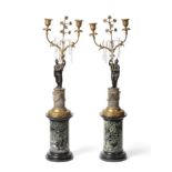 A Parcel Gilt, Bronze and Marble Candelabra, in Louis XV style, the branches hung with faceted glass