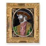 A Limoges Enamel Plaque, probably 16th century, painted with a bust portrait of FRANCOIS I ROY