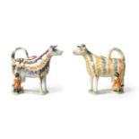 A Pratt Type Cow Creamer and Cover, circa 1810, the hobbled standing beast with a milkmaid at its