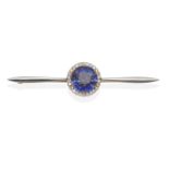 A Sapphire and Diamond Bar Brooch, a round cut sapphire in a double claw setting, within a