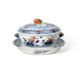 A Chinese Imari Porcelain Soup Tureen, Cover and Stand, 2nd quarter 18th century, of fluted oval