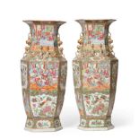 A Pair of Cantonese Porcelain Vases, mid 19th century, of hexagonal baluster form, the shoulders