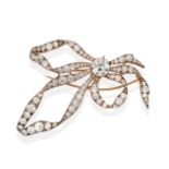 A Diamond Bow Brooch, a central old cut diamond in a claw setting to an old cut diamond set