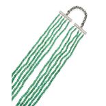 An 18 Carat White Gold Emerald Bead and Diamond Necklace, five strands of graduated faceted
