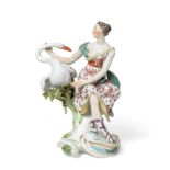 A Derby Porcelain Figure of Leda and the Swan, circa 1770, the classical maiden sitting on a tree