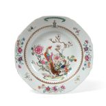 A Chinese Armorial Porcelain Octagonal Soup Plate, Qianlong, painted in famille rose enamels with