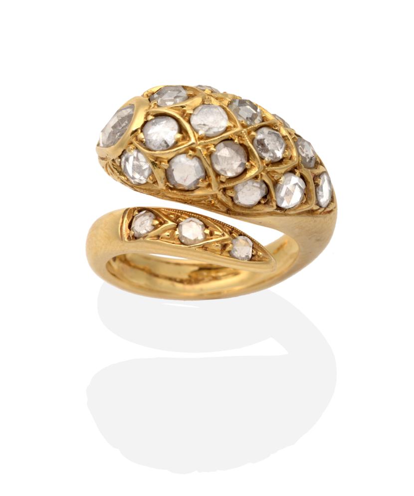 An 18 Carat Gold Diamond Snake Ring, inset with rose cut diamonds to a snake motif crossover