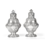 A Pair of George II Silver Tea Caddies, Samuel Taylor, London 1750, of ogee pedestal form, chased