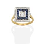An Art Deco Style Sapphire and Diamond Ring, a square top with a central old cut diamond in a square