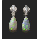 A Pair of 18 Carat White Gold Art Deco Style Black Opal and Diamond Drop Clip Earrings, a pear