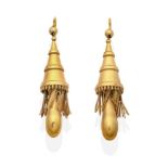 A Pair of Victorian Etruscan Revival Pendant Earrings, conical drops with cannetille decoration