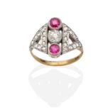 An Art Deco Ruby and Diamond Ring, a round cut ruby spaced by two old cut diamonds, to a pierced