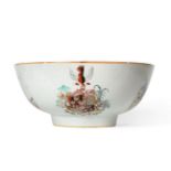 A Chinese Armorial Porcelain Punch Bowl, Qianlong, painted in famille rose enamels with the arms