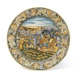 A Castelli Maiolica Charger, workshop of Francesco Grue, circa 1650, painted with Alexander the