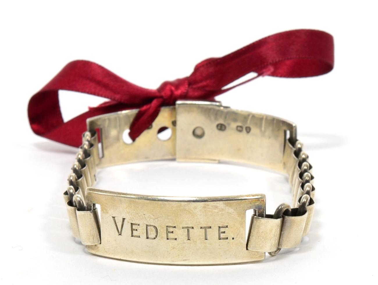 A Victorian Silver Chain Link Dog Collar, James Brownett, London 1886, inscribed VEDETTE, with key