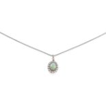 An Opal and Diamond Cluster Pendant, on Chain, an oval cabochon opal in a claw setting, within a