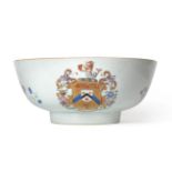 A Chinese Armorial Porcelain Punch Bowl, Qianlong, painted in famille rose enamels with the arms