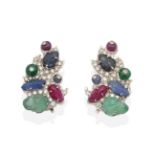 A Pair of 18 Carat White Gold Multi-Gemstone Clip Earrings, set with carved emeralds, sapphires