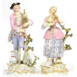A Pair of Meissen Porcelain Figures of a Shepherd and Shepherdess, late 19th century, he playing